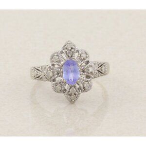 10k White Gold Natural Tanzanite & Diamond Ring Size 6
